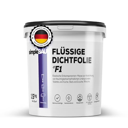 simpleBAU Dichtmasse Wasserdicht F1 - Abdichtmasse für Dusche & Bad - Flüssigfolie für Fliesen & Fußbodenheizung - Flüssige Dichtfolie Lösemittelfrei - Einkomponente Abdichtung Dichtungsmasse - 1.5 kg