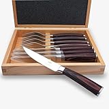 BEEFSTONE Steakbesteck Set 8-teilig, 4 Steakmesser mit glatter 12 cm Klinge + 4 Steakgabeln, Ergonomische Pakka-Holzgriffe, Geschenkbox aus Massivholz