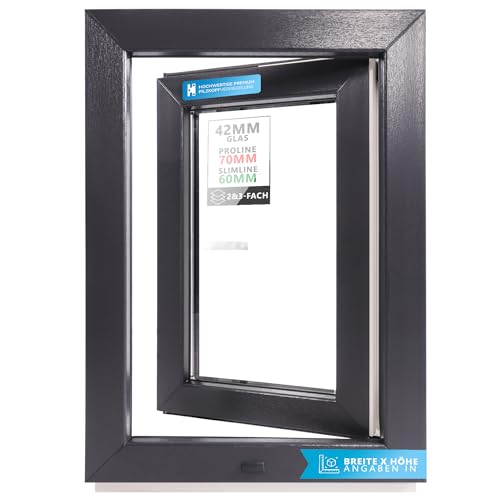 Kellerfenster Kunststofffenster anthrazit, BxH: 50 x 80 cm / 500 x 800 mm Verglasung (42 mm) Dreh-Kipp inkl. Pilzkopfverriegelung, DIN Rechts (Griff Links), 70 mm Profil