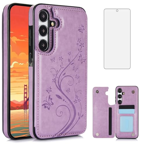 Asuwish Phone Case for Samsung Galaxy S25 FE 5G with Tempered Glass Screen Protector and Card Holder Wallet Cover Stand Flip Leather Cell Accessories S 25 EF S25FE 25S SM-S731B Women Men Purple