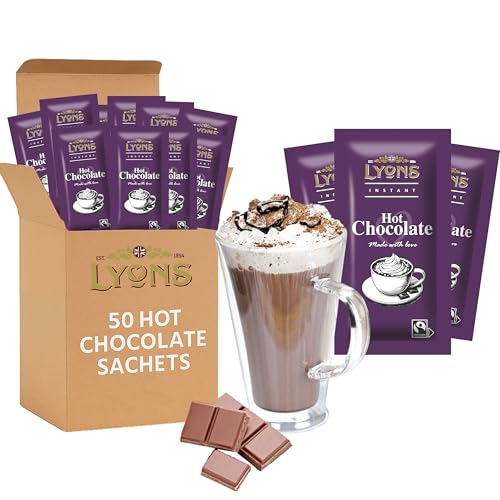 50pcs Lyons Hot Chocolate Sachets - Fair Trade Cocoa Powder instant hot chocolate Sachets Single Serve Individual Hot Drink Sachet for Hotels Offices and Travel Mothers Day Gifts