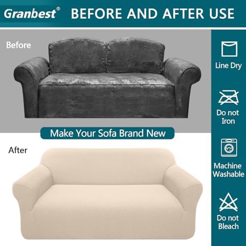 Granbest High Stretch Armchair Covers Super Soft Chair Covers for Living Room Jacquard Sofa Cover for Dogs Non Slip Chair Slipcover with Arms Furniture Protector (1 Seater, Beige)