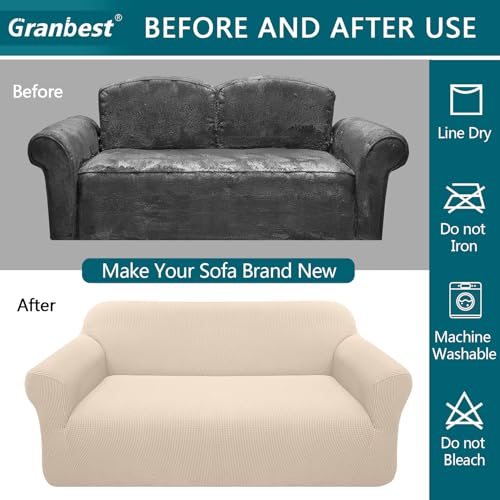 Granbest High Stretch Armchair Covers Super Soft Chair Covers for Living Room Jacquard Sofa Cover for Dogs Non Slip Chair Slipcover with Arms Furniture Protector (1 Seater, Beige)