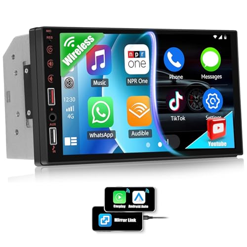 CAMECHO Double Din Car Stereo with Wireless CarPlay Android Auto, 7” IPS Touch Screen Bluetooth Car Radio Support Youtube Mirror Link FM Radio Dual USB AUX Input Car Multimedia Player 2 Din Head Unit