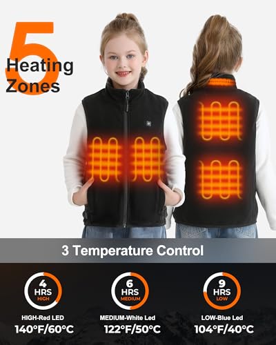 Image of Kids Heated Vest with 7.4V 12000mAh Battery Pack, Youth Heated Vest Kids Fleece with 5 Heating Zones for Boys Girls