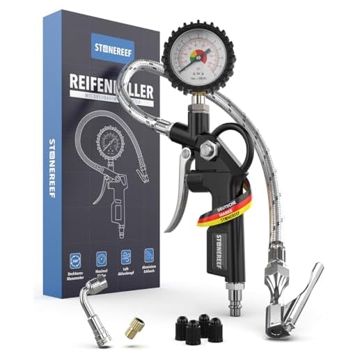 Reifenfüller mit Manometer [inkl. Adapter & Ersatzkappen] – Reifendruckfüller für Werkstatt, Auto und Fahrrad – Reifenfüller mit Schlauch und Luftdruckprüfer für Kompressor