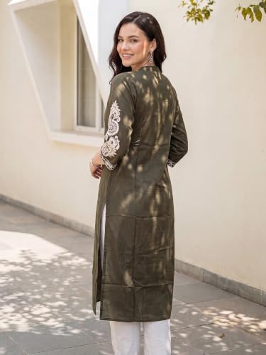 Image of INDO ERA Women's Cotton Straight Fit Floral Embroidered Kurta (KT0GN9776)