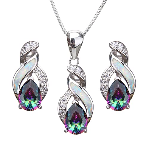 Hermosa Jewelry Sets For Women,18K White Gold Plated Created Opal Pendant Necklace Earrings Hypoallergenic Jewelry Gift For Bridal Bridesmaid cover