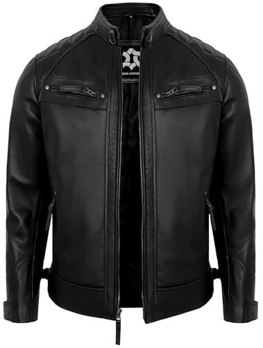 Image of Leather Jacket Men - Real Lambskin Motorcycle Jacket with Snap Tab Collar, Adjustable Waist & Zippered Pockets