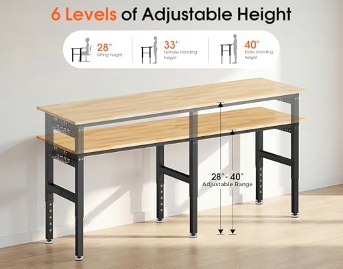 MUWOOD 92” Adjustable Work Bench, 5000 LBS Capacity Heavy Duty Workbench with Power Outlet & Pegboard, Rubber Wood Work Table for Garage, Workshop, Office, Home - 2