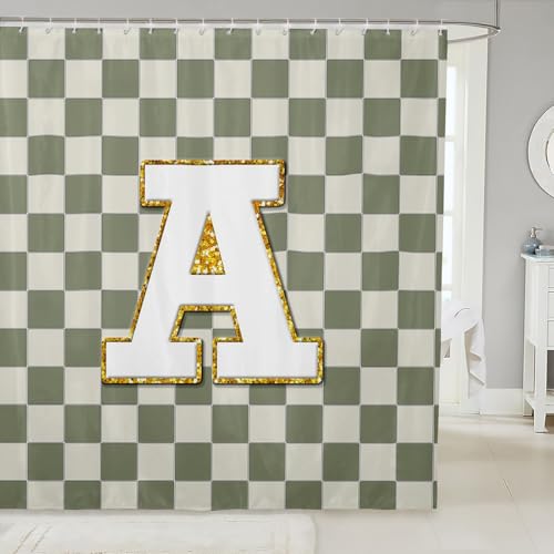 Image of Erosebridal Sage Green Checkered Shower Curtain 72 inch Wx72 L Plaid Initial A Bathroom Curtain Personalized Monogram Bathroom Accessories for Kids Adults,Fashion Grids Gingham Shower Decor