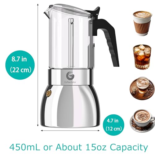 Image of Coffee Gator 9 Cup Moka Pot, 15oz Stovetop Espresso Maker, Coffee lovers | for Italian Coffee, Transparent Glass & Stainless Steel Design, Travel, Camping, Silver, 450ml