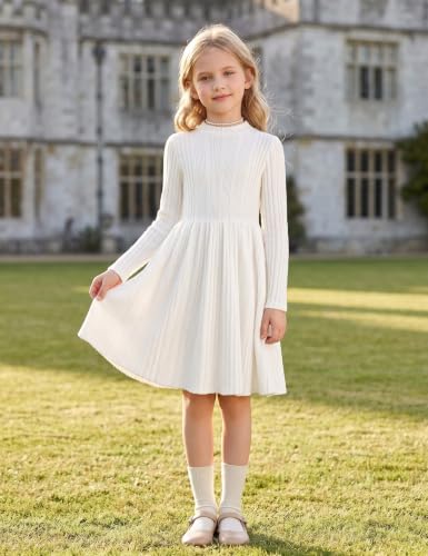Image of Arshiner Girls Dresses Long Sleeve A Line Knit Sweater Dress with Pockets