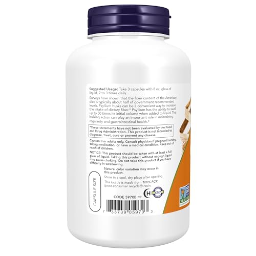 Image of NOW Foods Supplements, Psyllium Husk Caps 500 mg, Non-GMO Project Verified, Natural Soluble Fiber, Intestinal Health*, 200 Veg Capsules