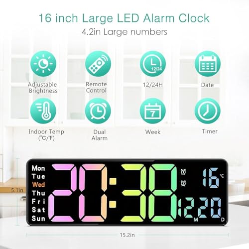 Image of 15-Inch Digital Wall Clock with Large LED Display - Remote Control, Auto-Dimming, Night Light, Date, Day, Temperature, DST Function - Ideal for Living Room, Bedroom (Rainbow)