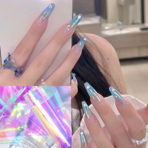 5 Sheet 3D Holographic Gradient Aurora Glass Paper Nail Art Sticker,Reflective Mirror Shard Effect Rainbow Thin Iridescent Cellophane Films Foils(Aurora) #TOP12