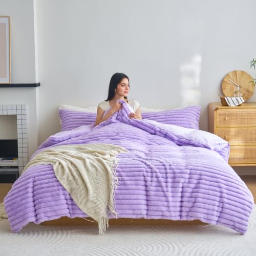 Image of Besfunny Lavender Plush Comforter Cover Full Size ,Fluffy Striped Bedding 2pcs Set(1 Fuzzy Duvet Cover + 1 Fur Pillow Cases ) Faux Fur Luxury Bed Set (Lavender, Twin)