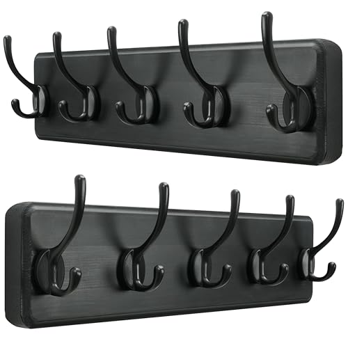 Image of SKOLOO Rustic Wall Mounted Coat Rack, Case of 2, Pine Solid Wood Coat Hook Hanger - 5 Hooks for Hanging Clothes Robes Towels Coats