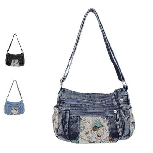VTYFRY Crossbody Bags Purse for Women Trendy Travel Denim Shoulder Underarm Handbag Fashion Y2K Contrasting Butterfly Pattern (Dark Blue)