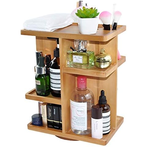 Spiretro Rotating Cosmetic Modular Organizer, Multi-Function Storage, 360 degree Carousel for Makeup, Toiletries, Vanity, Desk, Countertop, Bedroom, Closet, Solid Natural Wood with Acacia Brown Cover