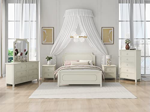Merax 6-Piece Bedroom Set with Queen Size Platform Bed, 2 Nightstands, 5-Drawer Chest, Mirror and Dresser, Classical Wooden Bedroom Furniture Set, Milky White