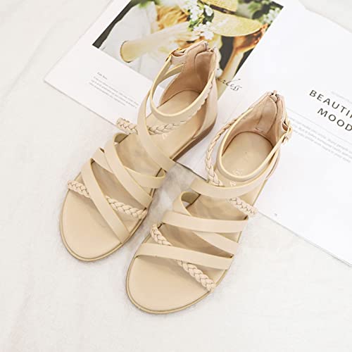 Women's Cross Strappy Sandals Summer Flat Roman Sandal Ankle Strap Shoes Sandals Beach Poolside Travel (Color : Apricot, Size : 9.5-10 US)4
