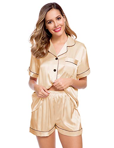Image of LecGee Womens Silk Satin Pajamas Short Sleeve Loungewear Two-Piece Sleepwear Button-Down Pj Set