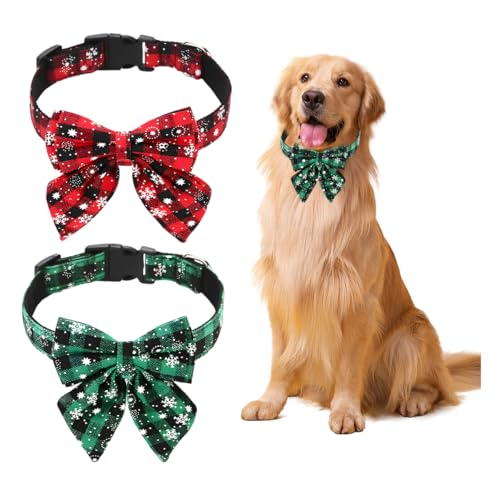 Hundehalsband Weihnachten, 2 Stück Weihnachtshalsband Hund, Fliege Hund Weihnachten,Niedliches Karomuster, Hunde Weihnachtskostüm, Haustier Halsband für Klein Mittlere Groß Hunde Katzen Welpen(L)