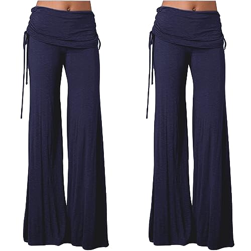 Minos Calça de ioga folgada de perna larga confortável com cordão de cintura alta com bolsos, calça