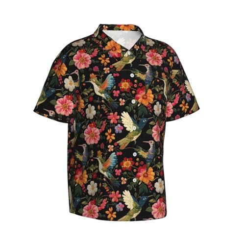 Divertidas camisas hawaianas para hombre – Colorido estampado de flores de colibrí para hombre, camisa de manga corta con botones para hombre, Negro, Medium