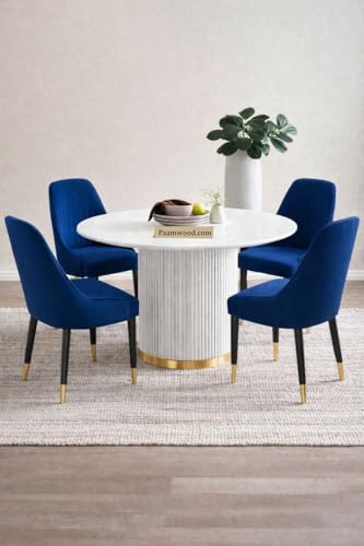 Image of 4 Seater Dining Table Set with 4 Chairs,2yr Warranty - Round Marble Dining Table (91x91x76 cm) - White Marble Top, Solid Wooden Base, Upholstered Chairs with Sheesham Wood Legs - Blue