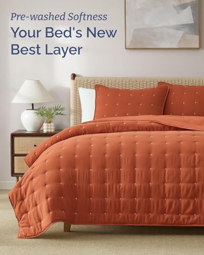 Image of Quilts Queen Size - Bedspread for Queen Size - Lightweight Comforter Set - Quilt Bedding Set for All-Seasons - Soft, Breathable & Comfy - Summer Coverlet with 2 Pillow Shams - 90 inch x 96 inch, Terracotta