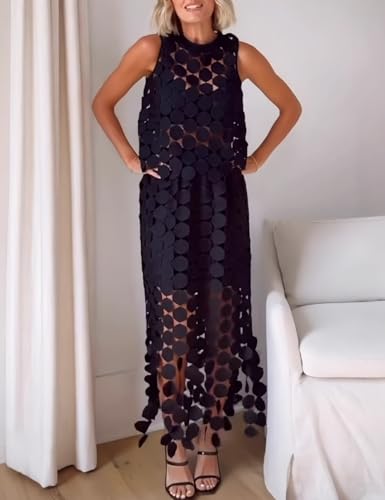 Womens Solid Polka Dot Hollow Out Maxi Skirts High Waisted Boho Fringe Hem Skirt Beach Vacation Work Outfits3