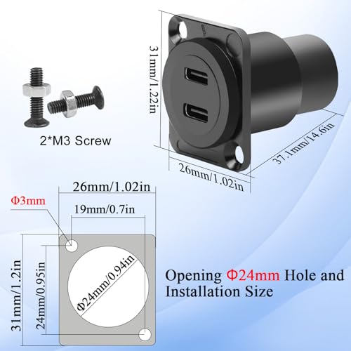 QIANRENON Dual USB C 3.1 Panel Montażowy Adapter 10 Gbps 2 Gniazda USB C 3.1 na Gniazdo Stałe Montaż Danych Podwójne Typ C 3.1 Przeładowanie Bulkhead Gniazdo Montażowe, Montaż na Panelu Typ D