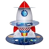 Space Cupcake Holder, Rocket Theme Birthday 3 Tier Cardboard Cupcake Stand, Galaxy Style Dessert Tower Display for Party Supplies Decoration
