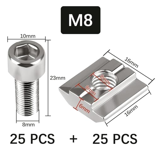 SWTYExt 50 Stück Nutensteine M8 Set, 25 Stk T Nut Schiene M8 Typ B und 25 Stk Schrauben Serie 3030 Schiebemuttern T Nutmuttern Kohlenstoffstahl für Aluprofil Extrusionsschlitz Führungsschiene