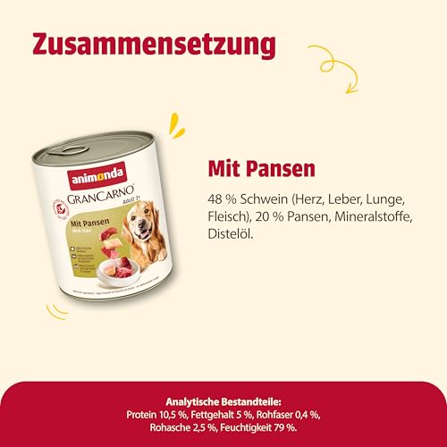 animonda GranCarno Hunde Nassfutter mit Pansen (6 x 800 g), getreidefreies Hundenassfutter ohne Zucker, für ausgewachsene Hunde, mit frischen fleischigen Zutaten
