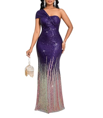 Image of Cololura Women Sexy Sequin One Shoulder Mermaid Formal Party Cocktail Gowns Bodycon Evening Maxi Dress