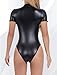 Faux Leather Bodysuit for Women Black Patent Leather Catsuit Lingerie Short Sleeve Skinny Bodysuit Front Zip Up Pvc Jumpsuit Mock Neck Cosplay Clubwear L