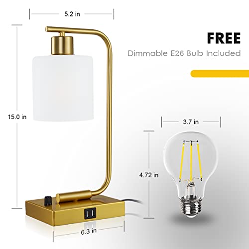 Hamilyeah Gold Table Lamps For Bedroom Set Of 2, Steless Dimmable Desk Lamps For Home Office, Industrial Bedside Lamp With Usb Charging Port,Modern Nightstand Lamp With Frosted Glass,E26 Bulb Included #TOP3