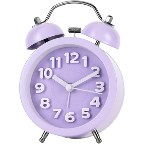 Vlwm マカロン色ベル音目覚まし時計 ツインベル アナログ連続秒針 ナイトライト付 3D置き時計 入園・入学祝い (むらさき)