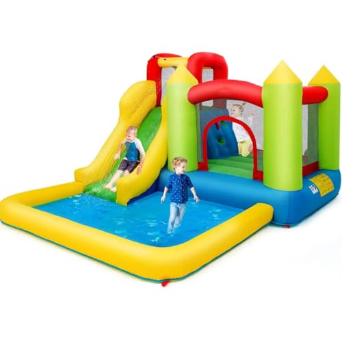 GLACER Inflatable Water Slide, 5-in-1 Water Bouncy House w/Large Jumping Area, Long Slide, Splash Pool, Climbing Wall, Jumping Castle Indoor Outdoor for Kids (Without Blower)