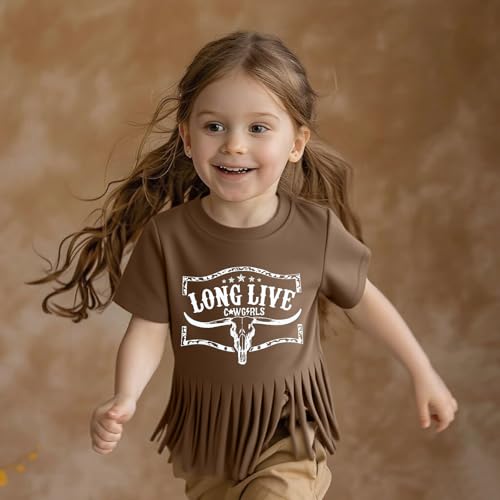 Image of Girls Western Shirt Cowgirls Embroidered Country Concert T Shirt Graphic Horseback Rider Tassel Fringe Tee Tops