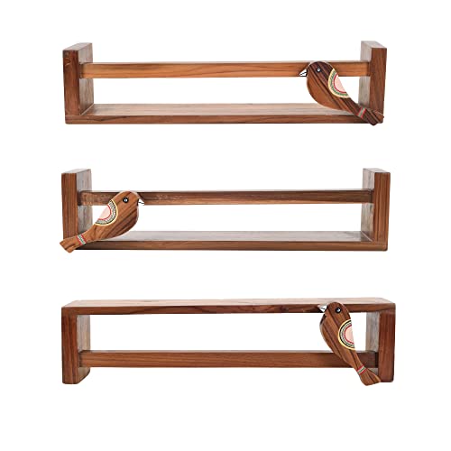 Image of AAKRITI ART CREATIONS | Floating Teak Wall Shelf for Powder Room Hand Towel Holder for Wash Basin | Towel Stand for Bathroom | Wooden Towel Stand for Counter Top | Set of 3 | 18.5X3.2X4.1