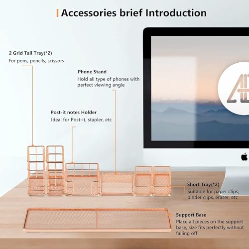 Image of Metal Desk Organizer Set with Mobile Stand, Pen Holder & Sticky Note Tray | Multipurpose Office Table Organizer for Study Desk, Home & Office (Gold)
