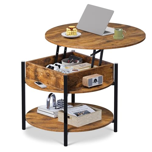 WLIVE Table Basse Rond Relevable 3 Étagères - Plateau Levant avec Mécanisme Doux et Silencieux, Compartiment Secret - 68x68x49 cm, 50 kg, Chêne Rustique