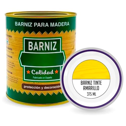 Tradineur - Bote de Barniz para Madera - Fabricado en España - Ideal para todo tipo de Maderas, vigas, cerchas, marcos, etc. - Capacidad de 375 ML - Amarillo