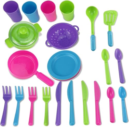 Loppdece Kinderküche Zubehör Geschirr Set,Lebensmittel Spielzeug für Kinder und Topfset Teller,Tassen, Besteck,Geschirrständer mit Abtropffläche,Kinder Kochgeschirr für Spielküche ab 3 Jahre(27 Teile)