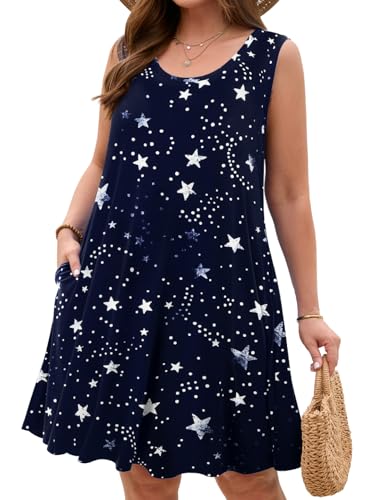 Image of JollieLovin Women Plus Size Curvy Summer Tank Sun Dresses Sleeveless Causal T-Shirt Dress Beach Swing Cover up(L-5X)