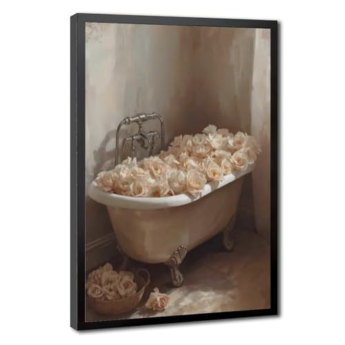 Poster toile baignoire vintage rose beige de 30x45 cm pour decoration de salle de bain retro